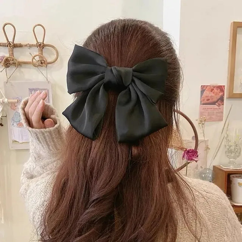 Elegant Bow Ribbon Hair Clip Fashion Simple Solid Satin Spring Clip Hair Pin Retro Headband with Clips Girls Hair Accessories